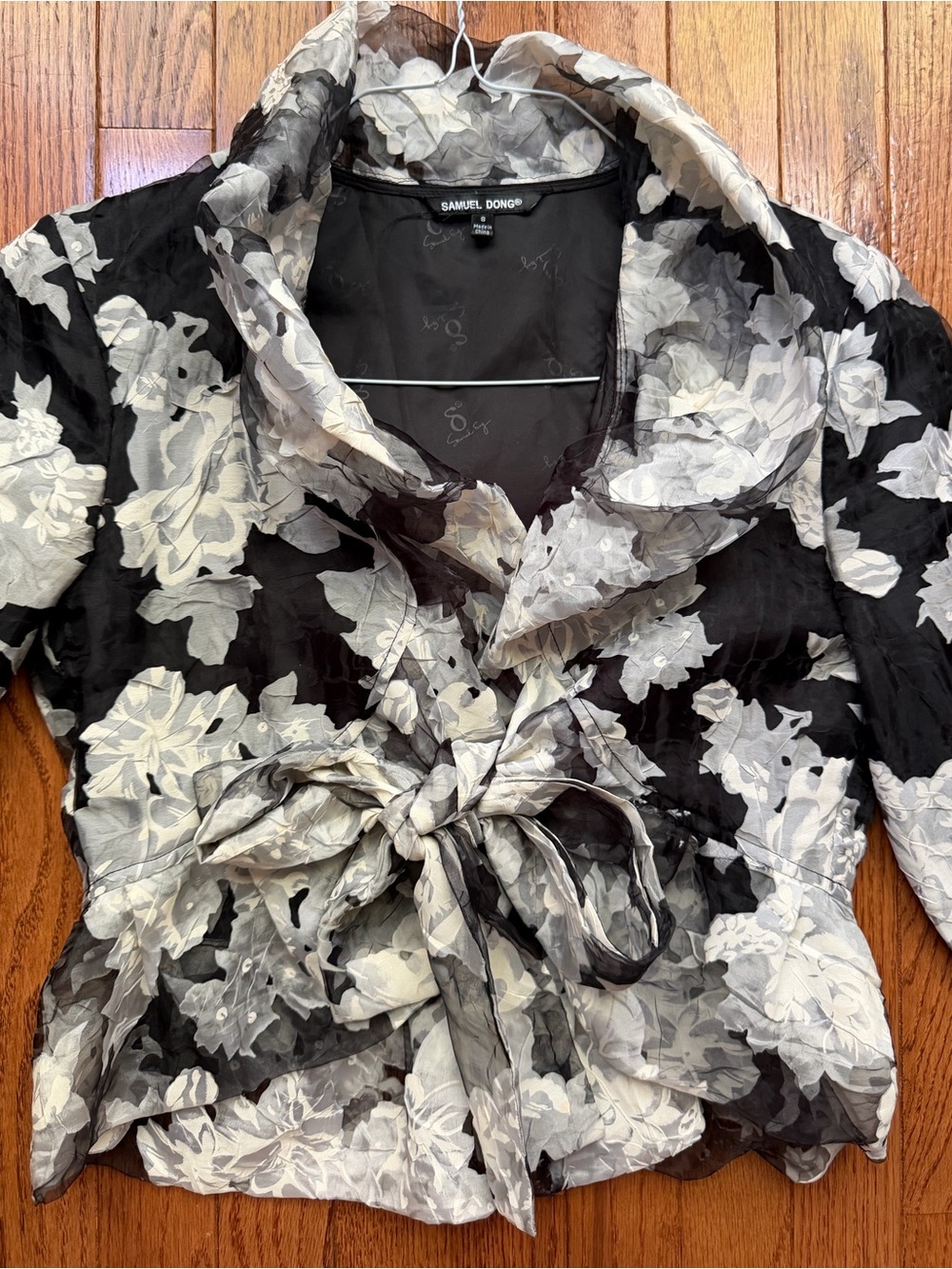 Samuel Dong $178 Formal Black White Gray Floral Ruffle Tie Front Jacket Blouse S